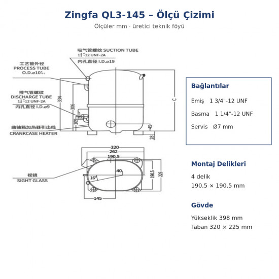 Zingfa QL3-145 ჰერმეტული კომპრესორი – 8 HP, R404A, LBP, სამფაზა 380 V, 5.980 W