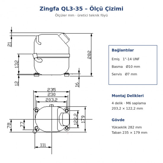 Zingfa QL3-35 Hermetic Compressor – 1.5 HP, R404A, LBP, 3-Phase 400 V, 1,600 W