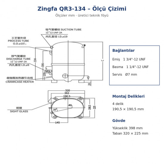 Zingfa QR3-134 Hermetik Kompresör – 7 HP, R404A, Trifaze 380 V, 18.230 W