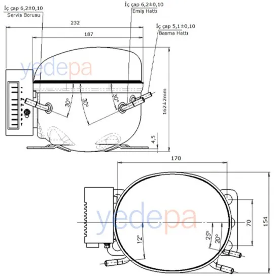 AK-50 12-24 Model 12/24 Volt DC Hermetik Buzdolabı Kompresörü