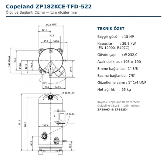 15 HP Copeland Kompresör Zp182-Kce-Tfd-522