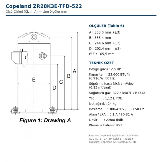 Copeland ZR28K3E-TFD-522 Scroll Kompresör – 2,5 HP / 23.600 BTU, R22 / R407C