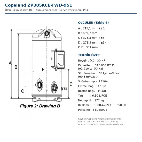 Copeland ZP385KCE-TWD-951 Scroll Kompresör – 30 HP / 316.000 BTU, R410A (Servis Versiyonu, IP54)