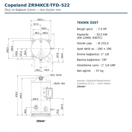 8 HP Copeland Kompresör Zr94-Kce-Tfd-522 (Kaynaklı)