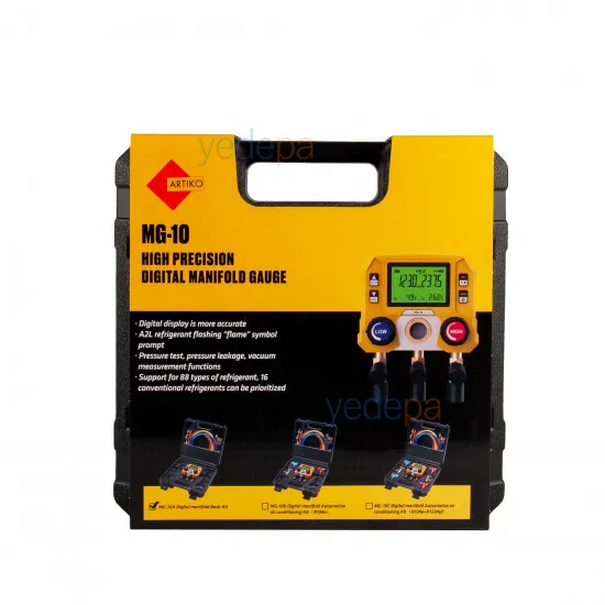 Artiko MG-10A Dijital Manifold Full Set – 88 Soğutucu Gaz, 800 psi, A2L Alev İkonu, 3 Hortumlu