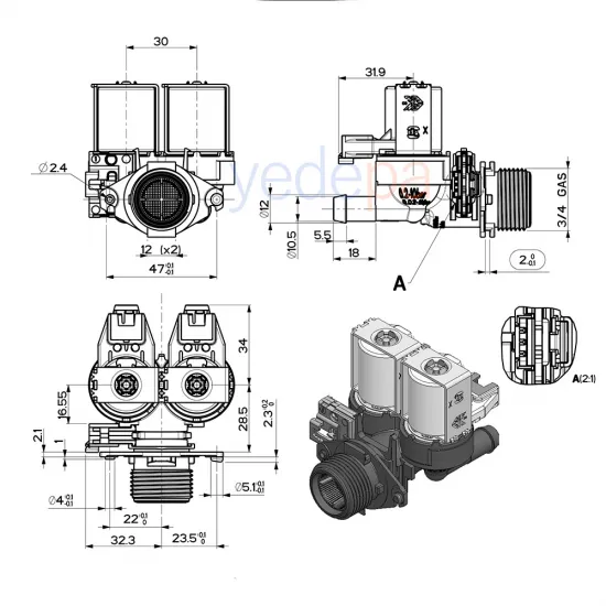 Çamaşır Makinası İkili Su Giriş Vana Ventili - 180° Plastik Bağlantılı Grup Soketli - TP Reflex