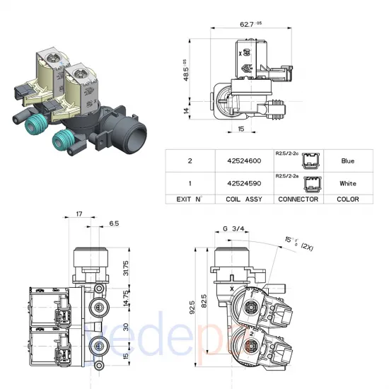 Çamaşır Makinası İkili Su Giriş Vana Ventili - 90° Plastik Bağlantılı Grup Soketli - TP Reflex