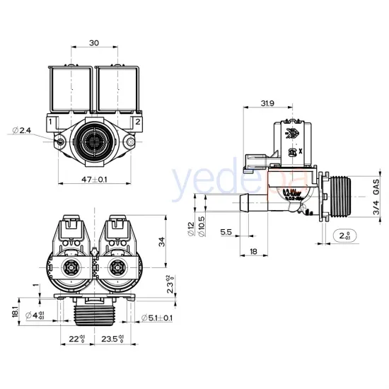 Çamaşır Makinası İkili Su Giriş Vana Ventili Geçmeli Grup Soket Beyaz Bobin 180°