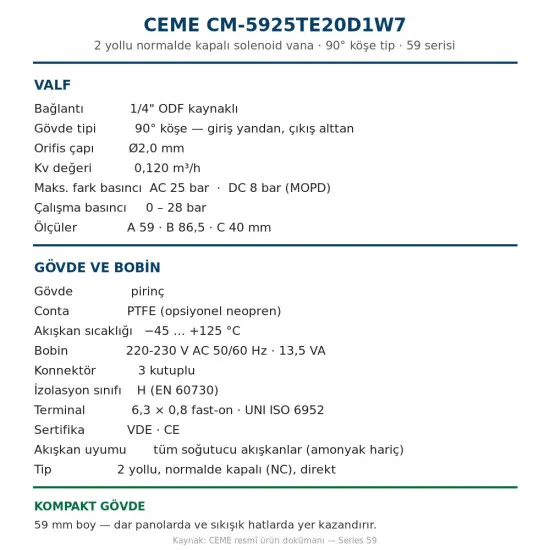 CEME CM-5925TE20D1W7 Solenoid Vana – 90° Köşe Tip, 1/4" ODF Kaynaklı, Normalde Kapalı, Kv 0,120