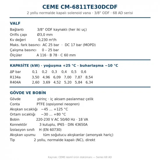 CEME CM-6811TE30DCDF Solenoid Vana – 3/8" ODF Kaynaklı, Normalde Kapalı, Kv 0,230, MOPD 25 bar