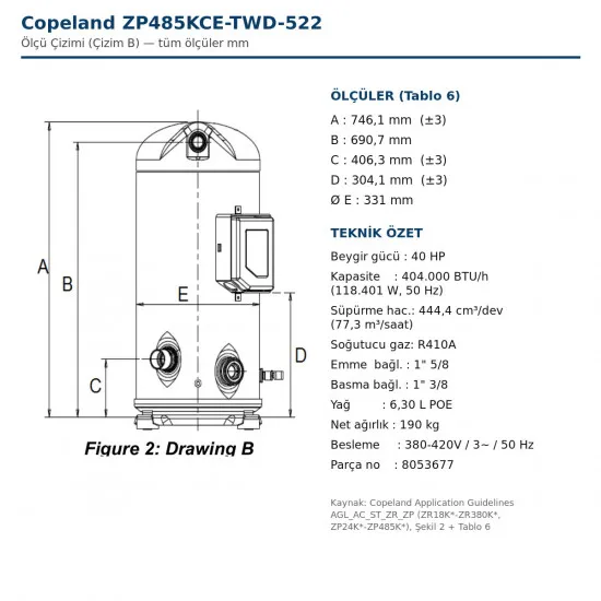 Copeland ZP485KCE-TWD-522 Scroll Kompresör – 40 HP / 404.000 BTU, R410A