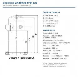 Copeland Scroll ZR40K3E-TFD-522 Hermetik Kompresör - 3,5 HP / 33.300 BTU (3 Faz - 380-420V)
