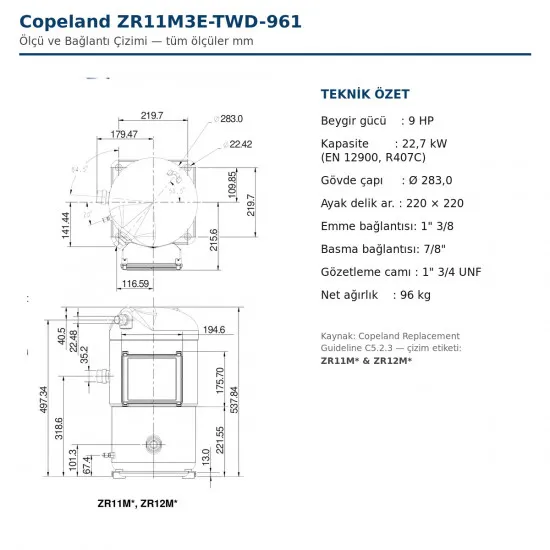 Copeland ZR11M3E-TWD-961 Scroll Kompresör – 9 HP / 89.500 BTU, R22-R407C (Servis Versiyonu, IP54)