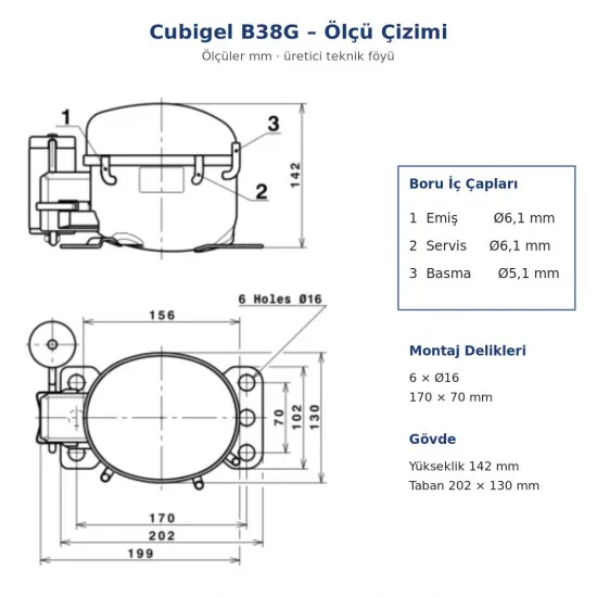 Cubigel B38G Hermetik Kompresör – 1/8 HP, R134a, HBP 347 W