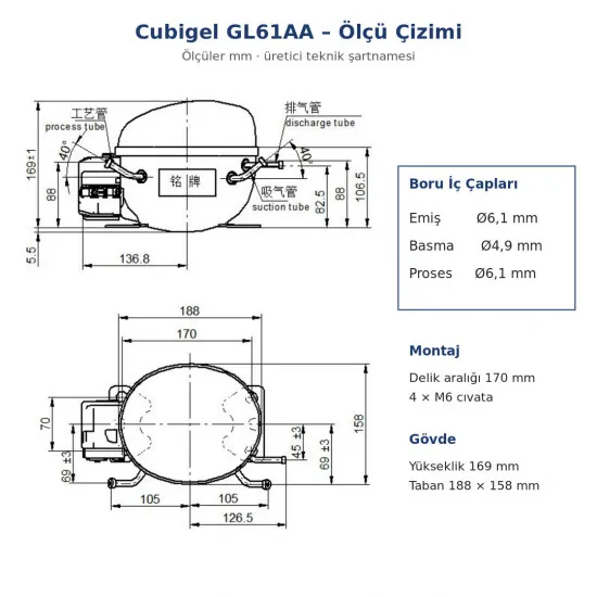 Cubigel GL61AA Hermetik Buzdolabı Kompresörü – 1/5 HP, R134a, LBP 175 W