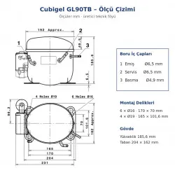 Cubigel GL90TB Hermetik Kompresör – 1/4 HP, R134a, HBP 791 W