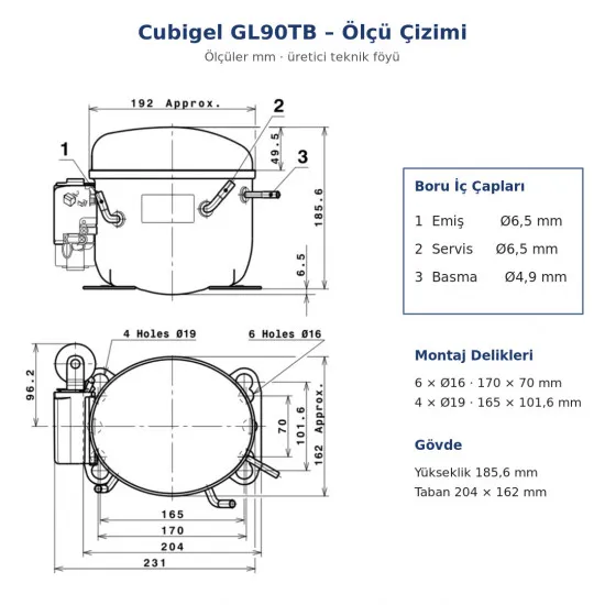 Cubigel GL90TB Hermetik Kompresör – 1/4 HP, R134a, HBP 791 W