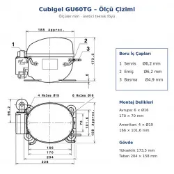 Cubigel GU60TG Hermetik Kompresör – 1/5 HP, R134a, HBP 640 W
