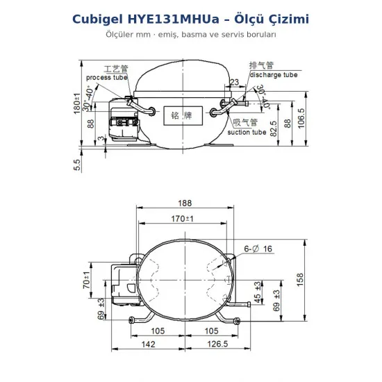 Cubigel HYE131MHUa Hermetik Buzdolabı Kompresörü – 1/4+ HP, R600a, LBP 245 W