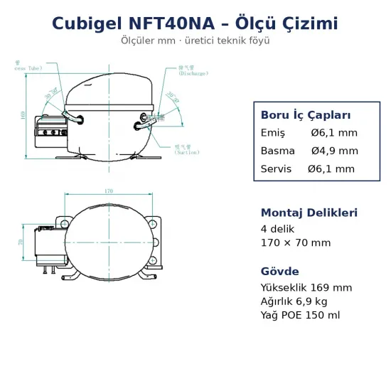 Cubigel NFT40NA Hermetik Kompresör – 1/8 HP, R290, LMBP 200 W