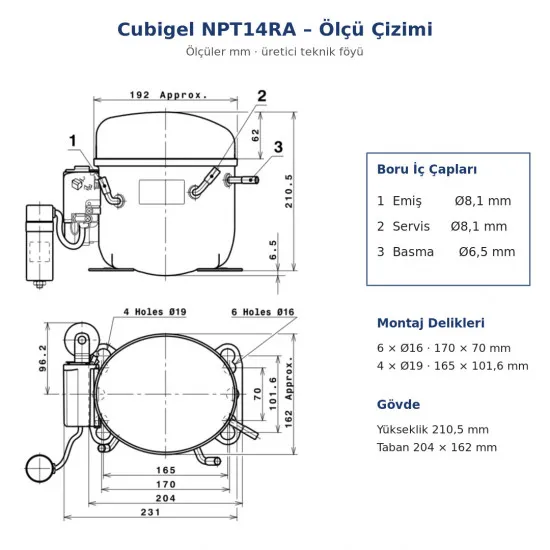 Cubigel NPT14RA Hermetik Kompresör – 1/2 HP, R290, HBP 2.066 W
