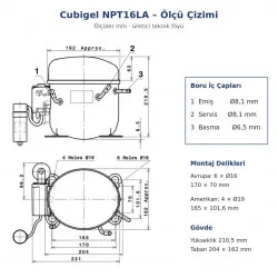 Cubigel NPT16LA Hermetik Kompresör – 1/2 HP, R290, LBP 756 W