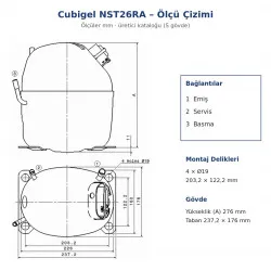 Cubigel NST26RA Hermetik Kompresör – 1 HP, R290, HBP 3.498 W