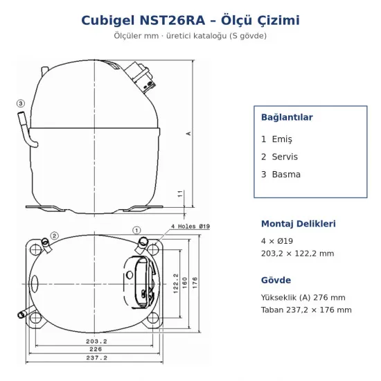Cubigel NST26RA Hermetik Kompresör – 1 HP, R290, HBP 3.498 W
