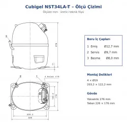 Cubigel NST34LA-T Hermetik Kompresör – 1 HP, R290, LBP 1.539 W