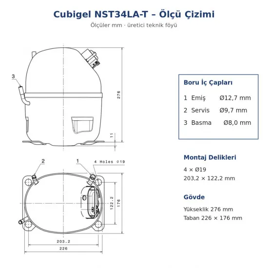 Cubigel NST34LA-T Hermetik Kompresör – 1 HP, R290, LBP 1.539 W