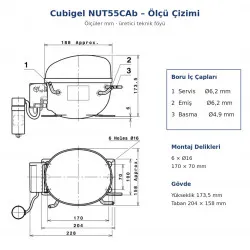 Cubigel NUT55CAb Hermetik Kompresör – 1/5 HP, R290, LBP 264 W