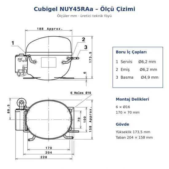 Cubigel NUY45RAa Hermetik Kompresör – 1/5 HP, R290, HBP 615 W