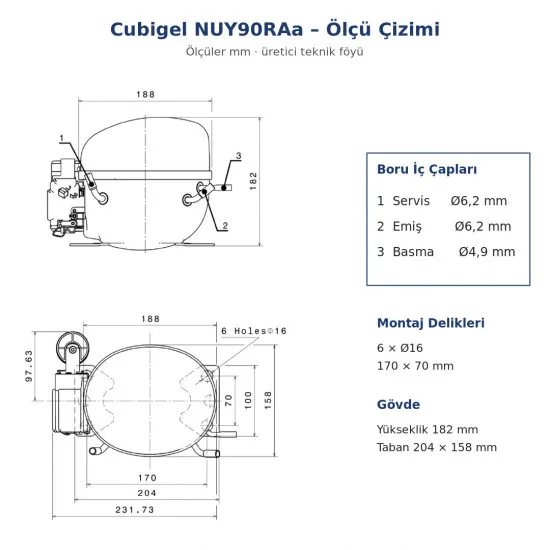 Cubigel NUY90RAa Hermetik Kompresör – 3/8 HP, R290, HBP 1.236 W
