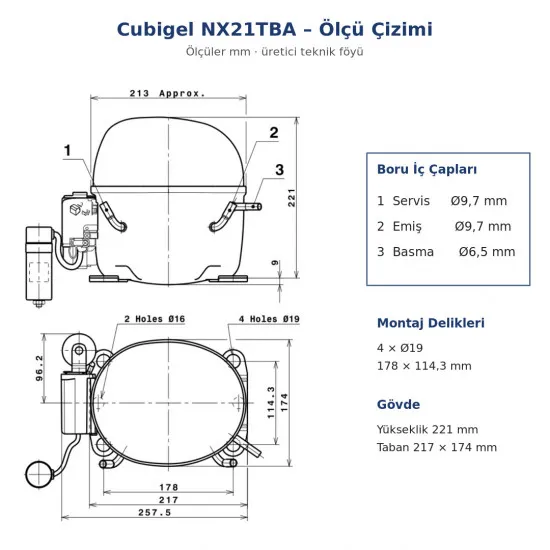 Cubigel NX21TBA Hermetik Kompresör – 7/8 HP, R290, HBP 2.715 W