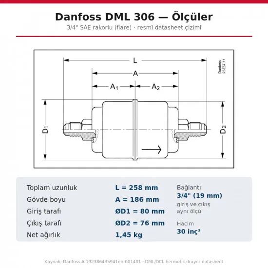 Danfoss 023Z0193 DML 306 Kurutucu Filtre - Drayer 3/4" Rakorlu