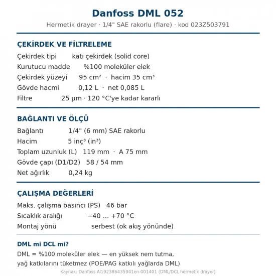 Danfoss 023Z503791 DML 052 Drayer (Kurutucu Filtre) – 1/4" SAE Rakorlu, 5 inç³, 46 bar