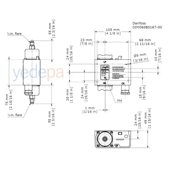 Danfoss MP54 Yağ Basınç Kontrol Anahtarı (060B016791) – SPDT Kontak, 1/4” Flare, IP20, 17 bar