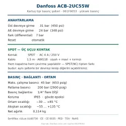 Danfoss 061F9053 ACB-2UC55W Kartuş Tipi Basınç Şalteri – 24/31 bar, Otomatik Reset, SPDT