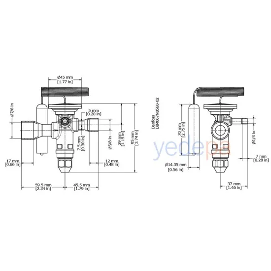 Danfoss TGE Termostatik Genleşme Valfi - R407C, Dış Dengeli, 5/8" x 7/8" Lehimli (ODF) - 36 kW - Parça No: 067N4007