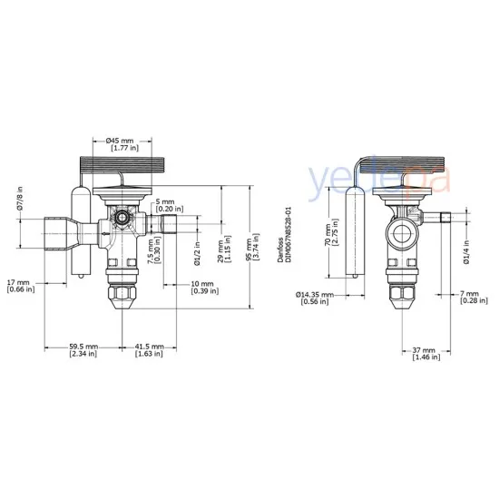 Danfoss TGE Termostatik Genleşme Valfi - R404A / R507A, Dış Dengeli, Dengeli Port, 1/2" x 7/8" Lehimli - 14 kW - Parça No: 067N6151