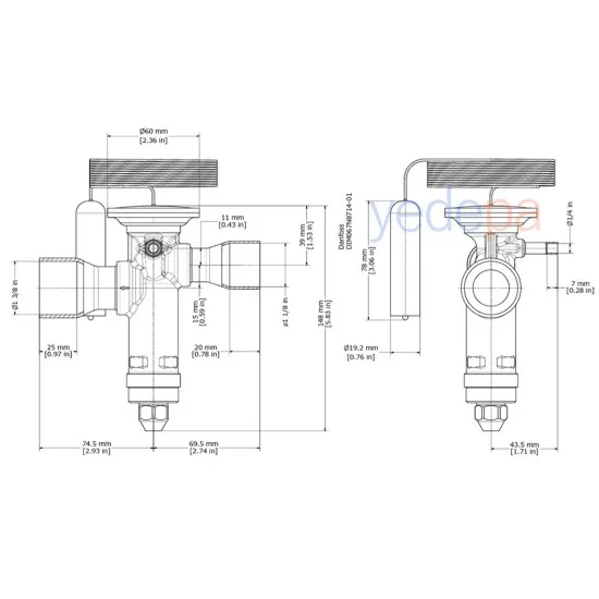 Danfoss TGE Termostatik Genleşme Valfi - R410A, Dış Dengeli, Dengeli Port, 1 1/8" x 1 3/8" Lehimli - 125 kW - Parça No: 067N9218