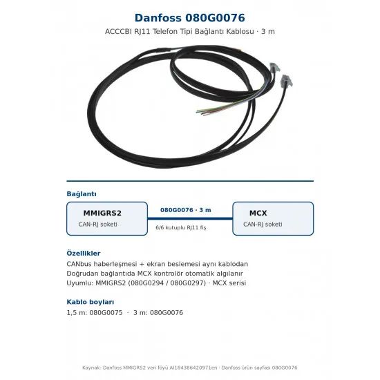 Danfoss 080G0076 ACCCBI RJ11 Telefon Tipi Bağlantı Kablosu – 3 m | MMIGRS2 Ekran / MCX Kontrolör İçin