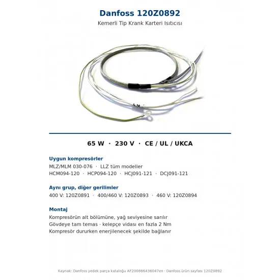 Danfoss 120Z0892 Kemerli Tip Krank Karteri Isıtıcısı – 65 W / 230 V | MLZ 030-076, LLZ İçin