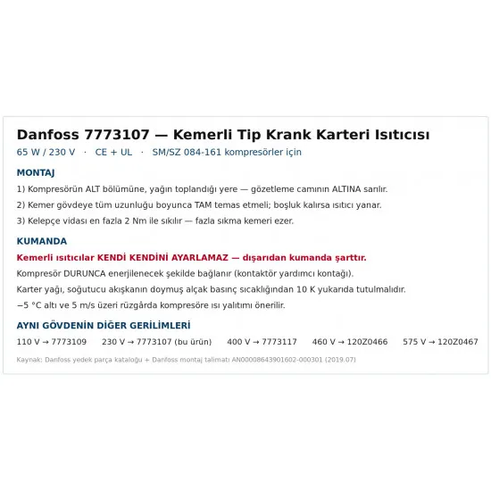 Danfoss 7773107 Kemerli Tip Krank Karteri Isıtıcısı – 65 W / 230 V | SM/SZ 084-161 İçin