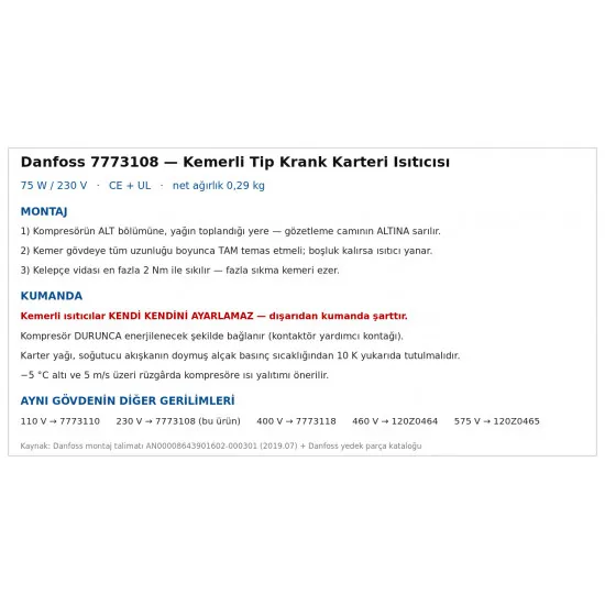 Danfoss 7773108 Kemerli Tip Krank Karteri Isıtıcısı – 75 W / 230 V | SM/SZ 175-185, SH 180-485, DSH 240-600 İçin