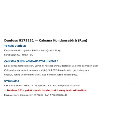 Danfoss 8173231 Çalışma Kondansatörü (Run) – 40 µF / 440 V, CSR ve PSC Kompresörler İçin