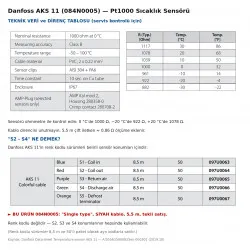 Danfoss AKS 11 Pt1000 Sıcaklık Sensörü (084N0005) – 5,5 m Kablo, −50 … +100 °C, IP67