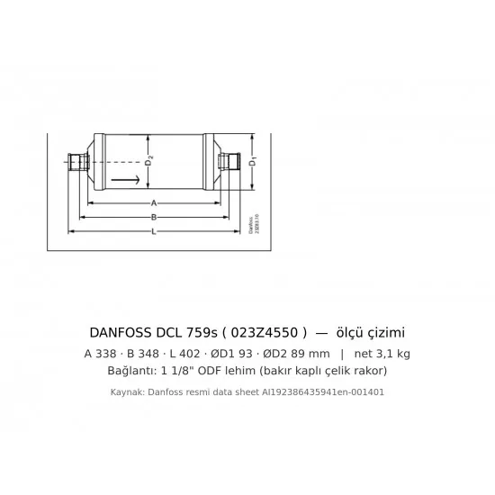 Danfoss DCL 759s Hermetik Kurutucu Filtre / Drayer (023Z4550) – 1 1/8" ODF Kaynaklı, 75 cu.in.