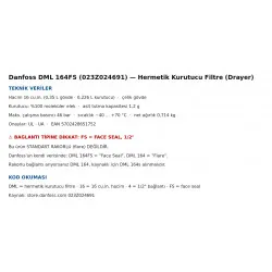 Danfoss DML 164FS Kurutucu Filtre – Drayer (023Z024691), 16 cu.in., 1/2" Face Seal Bağlantı
