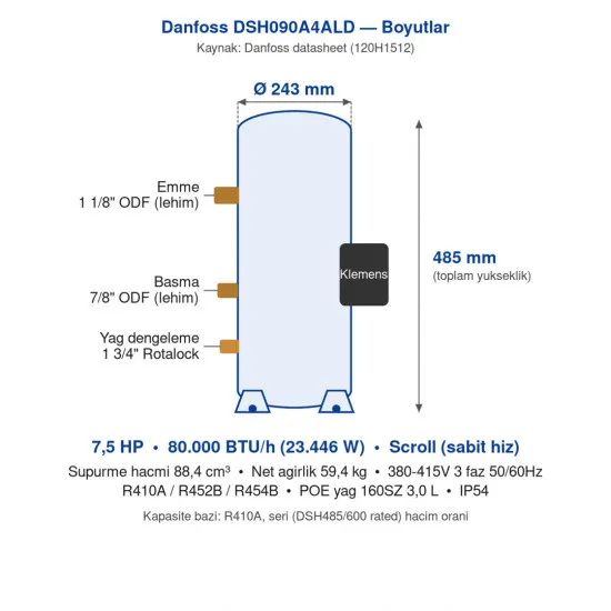 Danfoss DSH090A4ALD Scroll Kompresör (120H1512) | 7,5 HP | 80.000 BTU/h Soğutma Kapasiteli | R410A / R452B / R454B | 3 Faz 380-415V